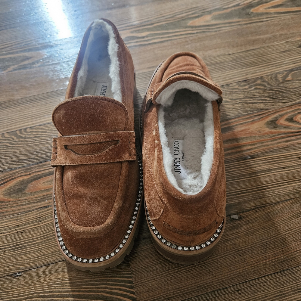 Jimmy Choo Brown Suede Loafers with Rhinestone Trim